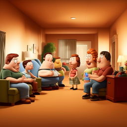 A live-action scene from the show Family Guy, featuring realistic versions of the main characters in typical show setting