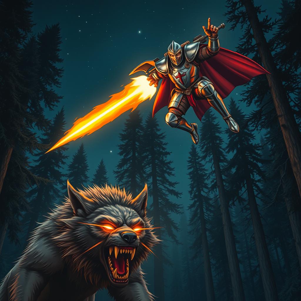 A dynamic scene depicting a knight in shining armor utilizing a high-tech jetpack to escape a fearsome wolfman in a dark, enchanted forest at night