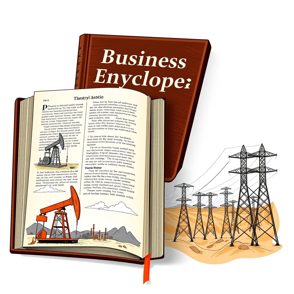 An artistic representation of a book titled 'Business Encyclopedia' prominently situated at the top of the image