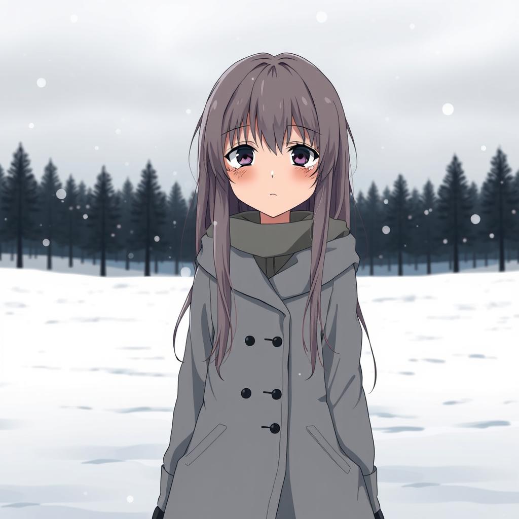 An anime-style girl with long, unkempt hair, dressed in a simple, slightly oversized winter coat, standing alone in a snowy landscape