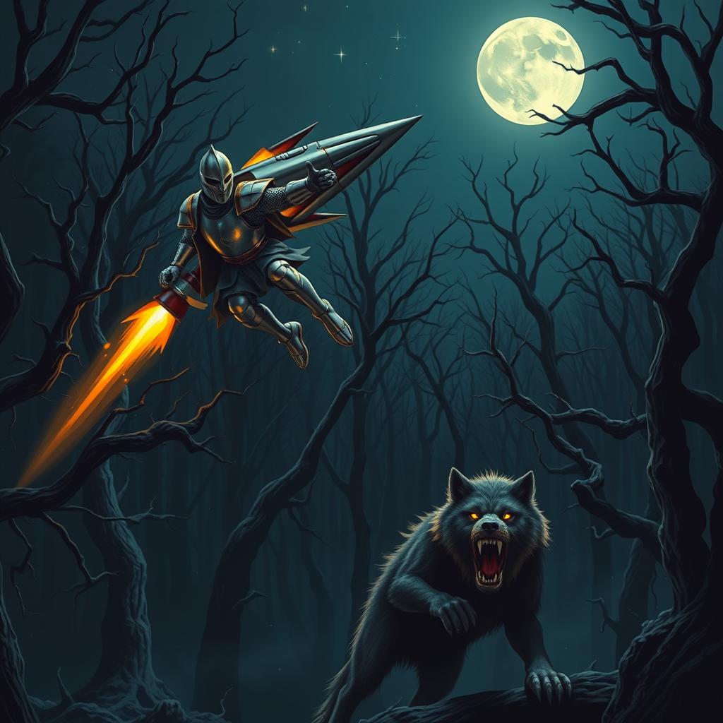 A captivating scene depicting a knight in shining armor using a sleek jetpack to fly away from a fierce wolfman in a dark, mystical forest at night