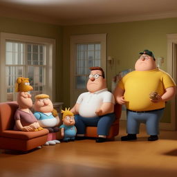 A live-action scene from the show Family Guy, featuring realistic versions of the main characters in typical show setting