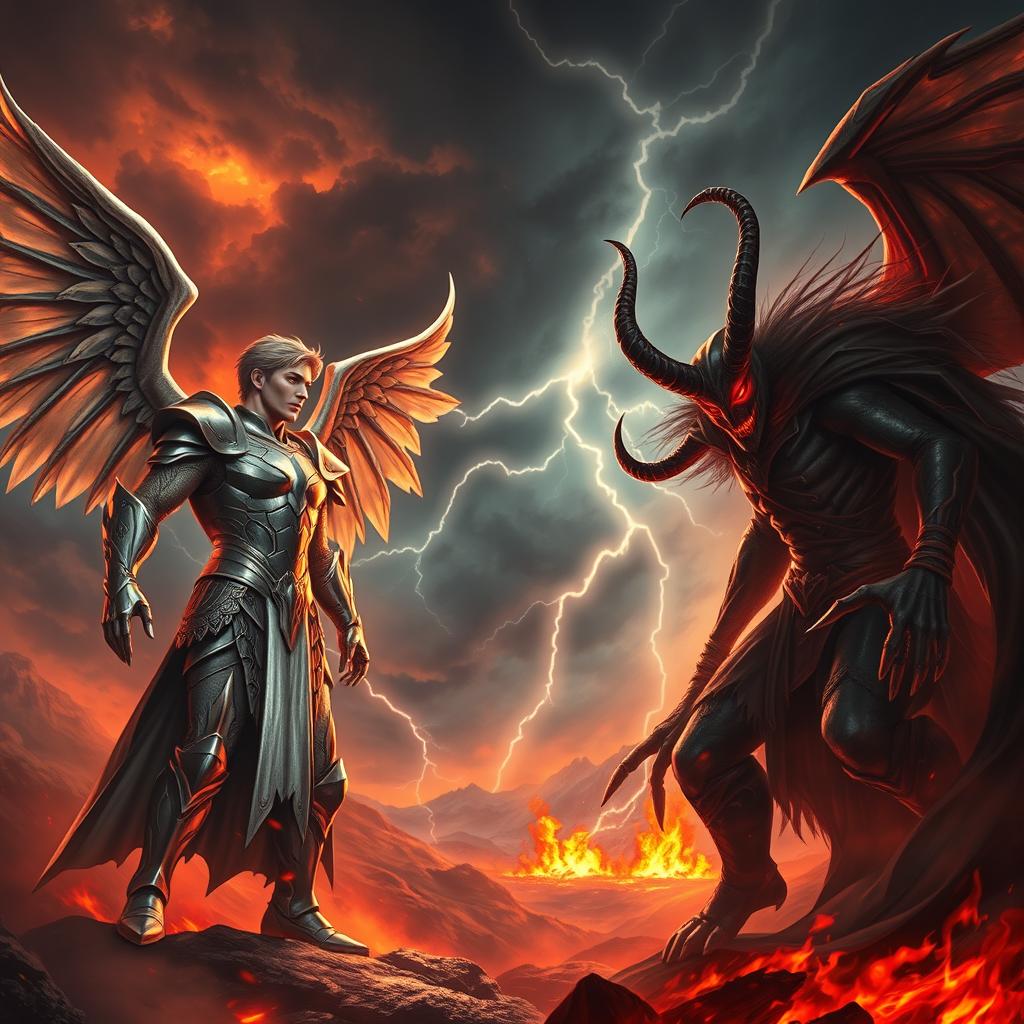 An epic confrontation scene between Lucifer and Satan, set in a dramatic and fiery landscape