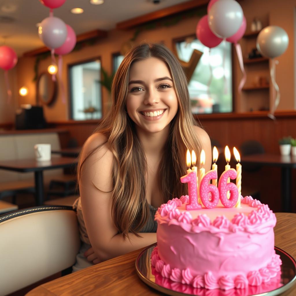 A cheerful young woman in a cozy cafe, sitting at a table adorned with a beautiful pink birthday cake featuring 16 candles