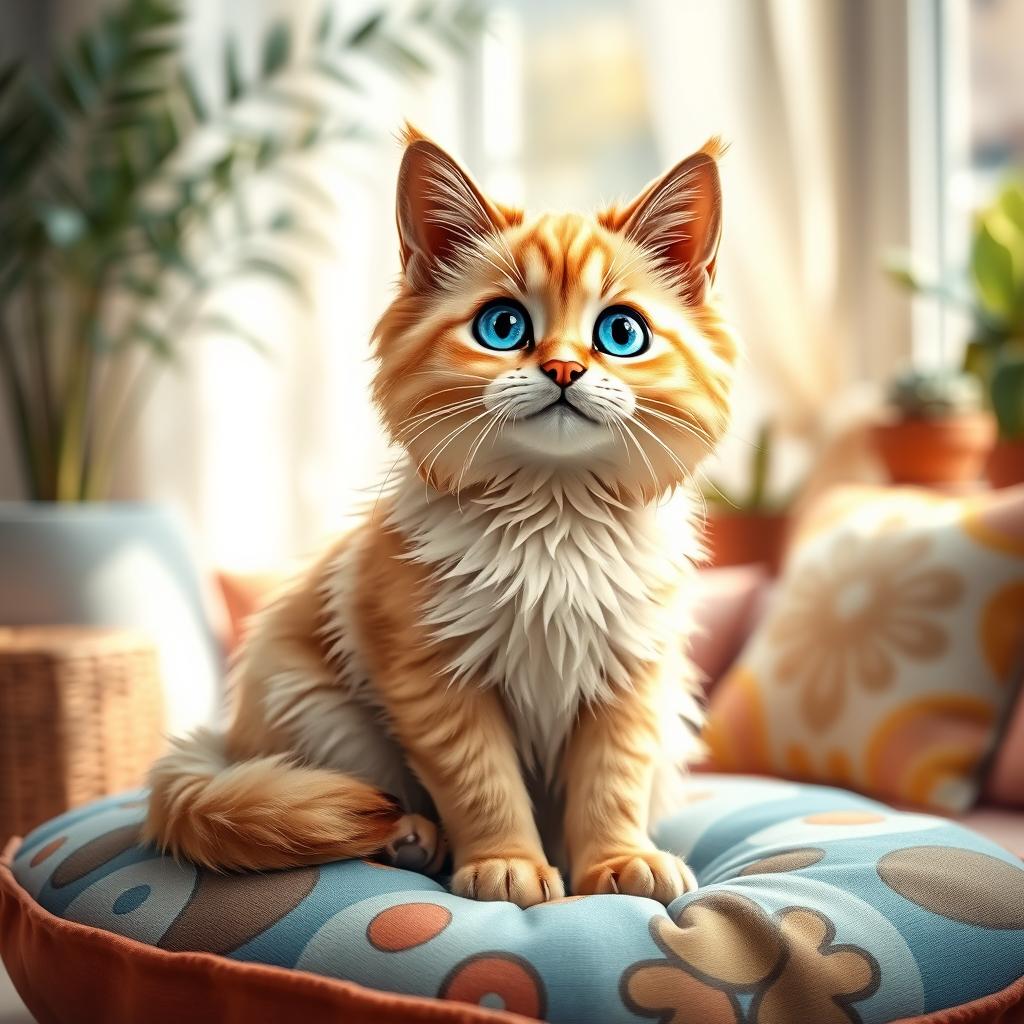 A whimsical and imaginative scene featuring a cat with dog-like features, showcasing a playful personality