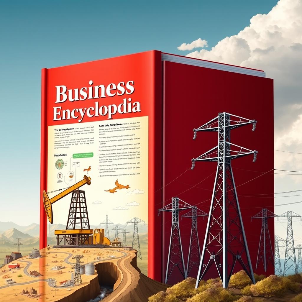 An artistic depiction of a book titled 'Business Encyclopedia' prominently featured at the top of the image