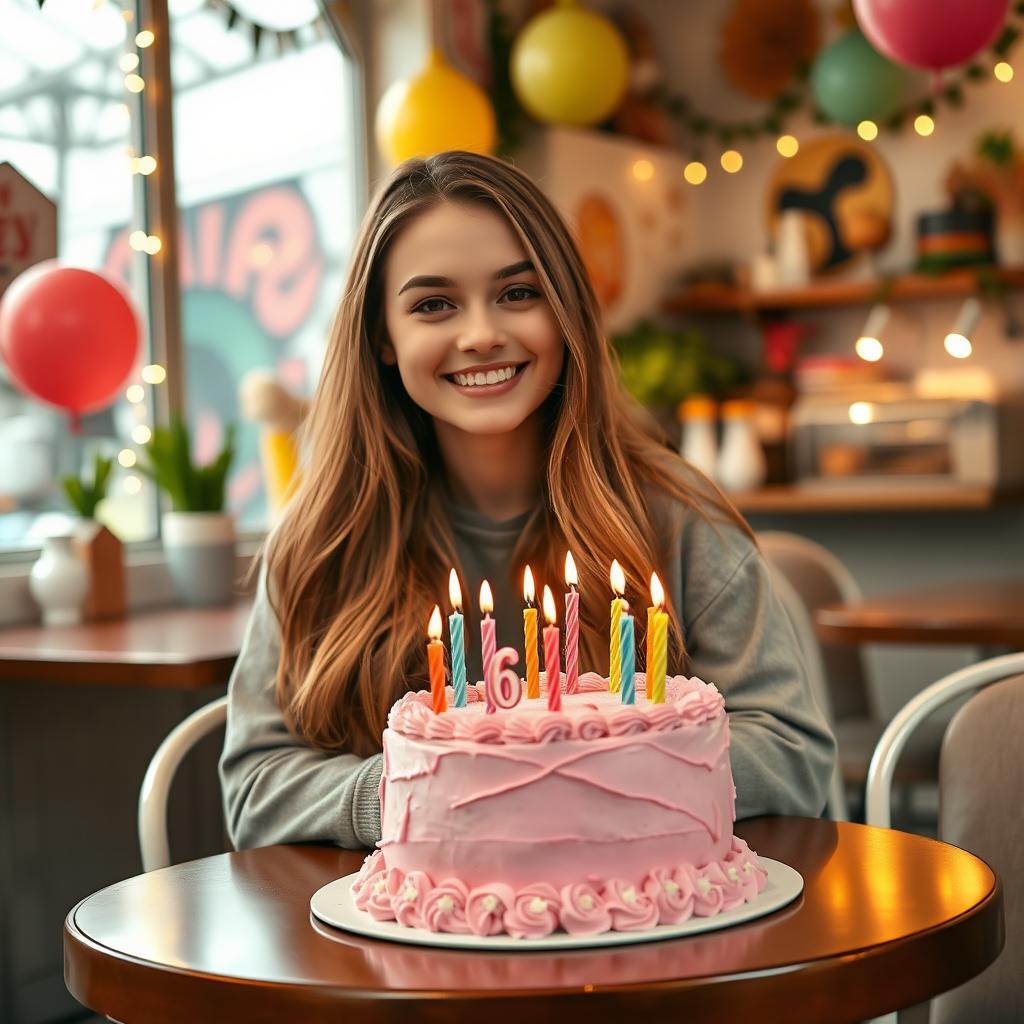 A delightful young woman in a charming cafe, sitting at a table that features a stunning pink birthday cake adorned with 16 colorful candles
