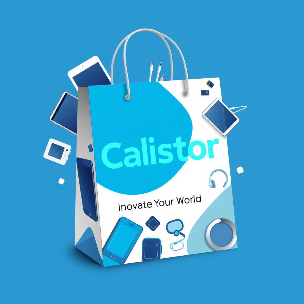 A vibrant and eye-catching bag craft design for a technology and mobile accessories store named 'Calistor'