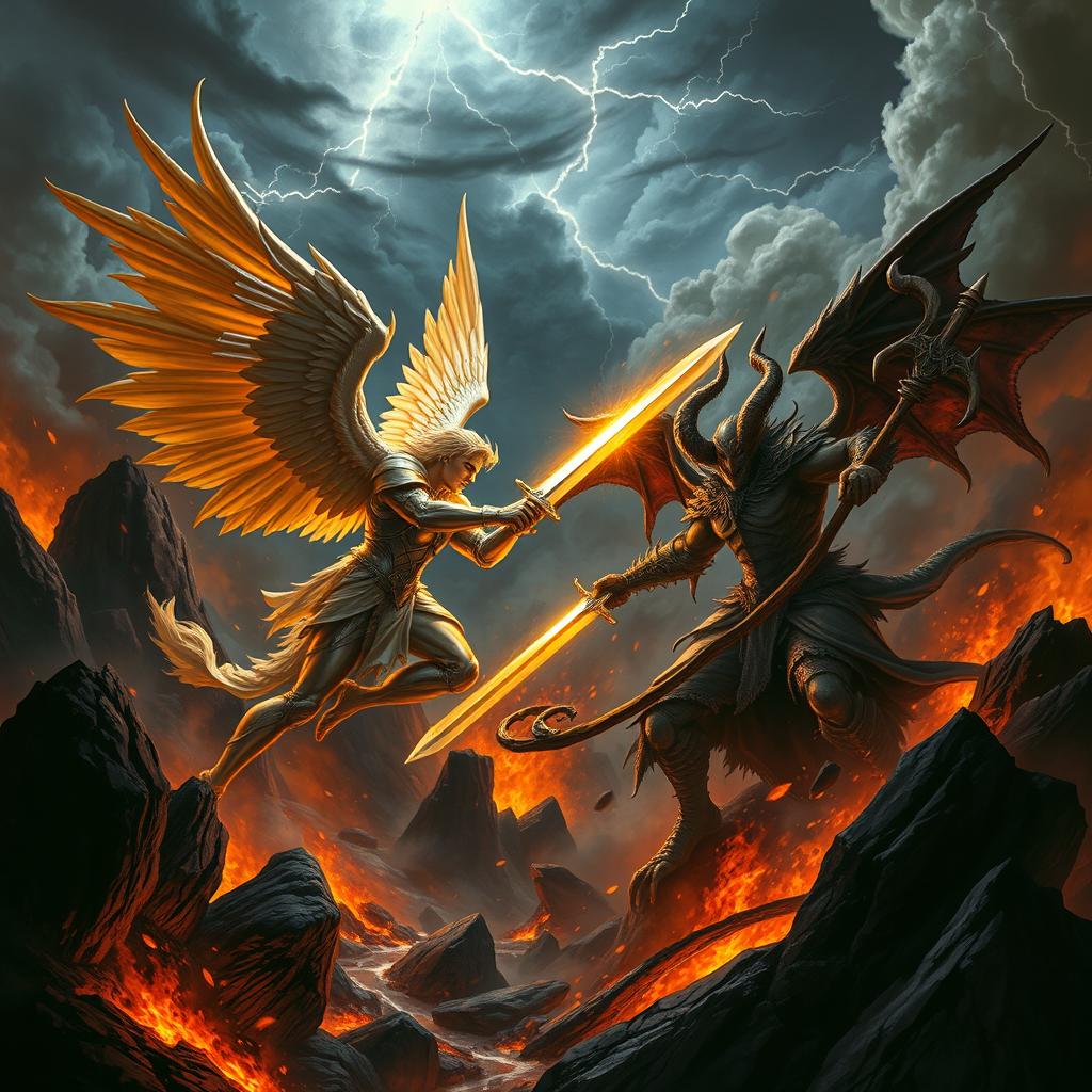 A dramatic and intense portrayal of a battle between Lucifer and Satan