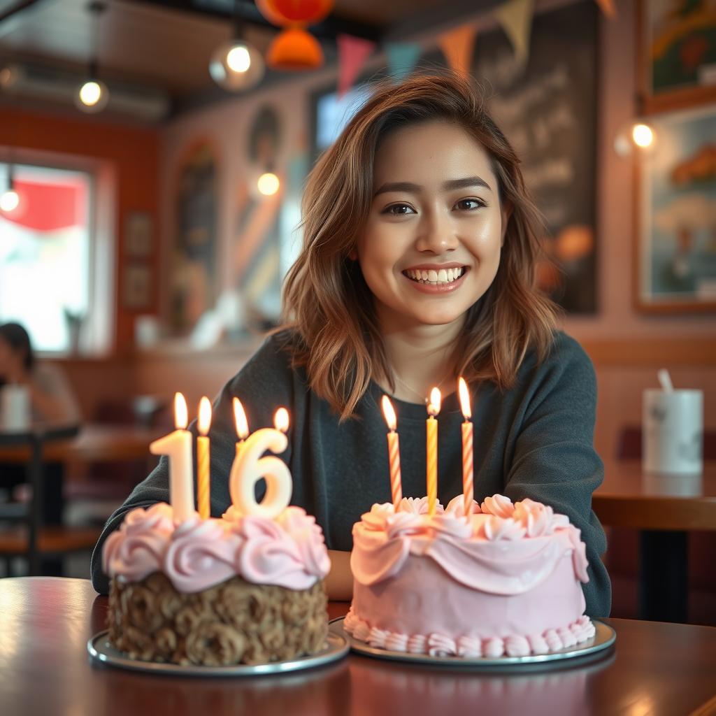A lovely young woman sitting in a cozy cafe, celebrating her 16th birthday