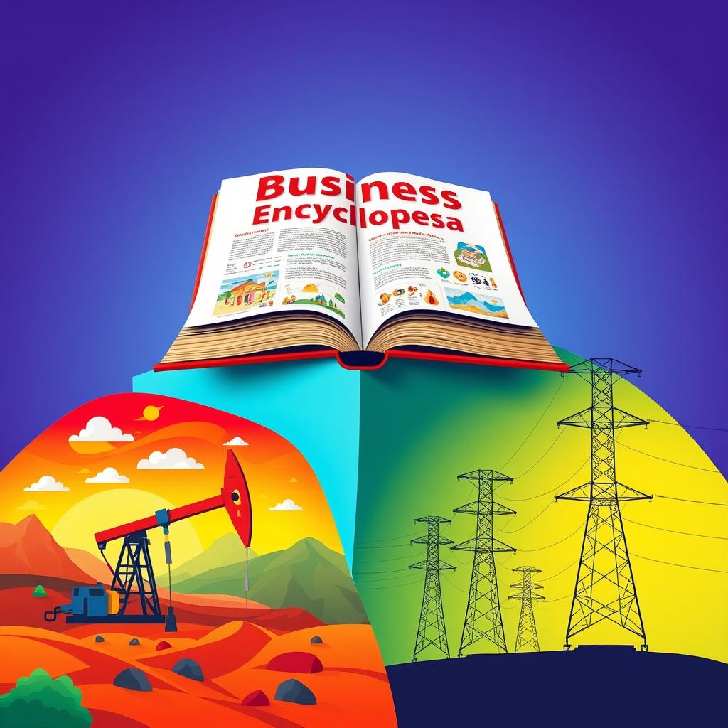 An artistic representation of a book titled 'Business Encyclopedia' prominently displayed at the top of the image