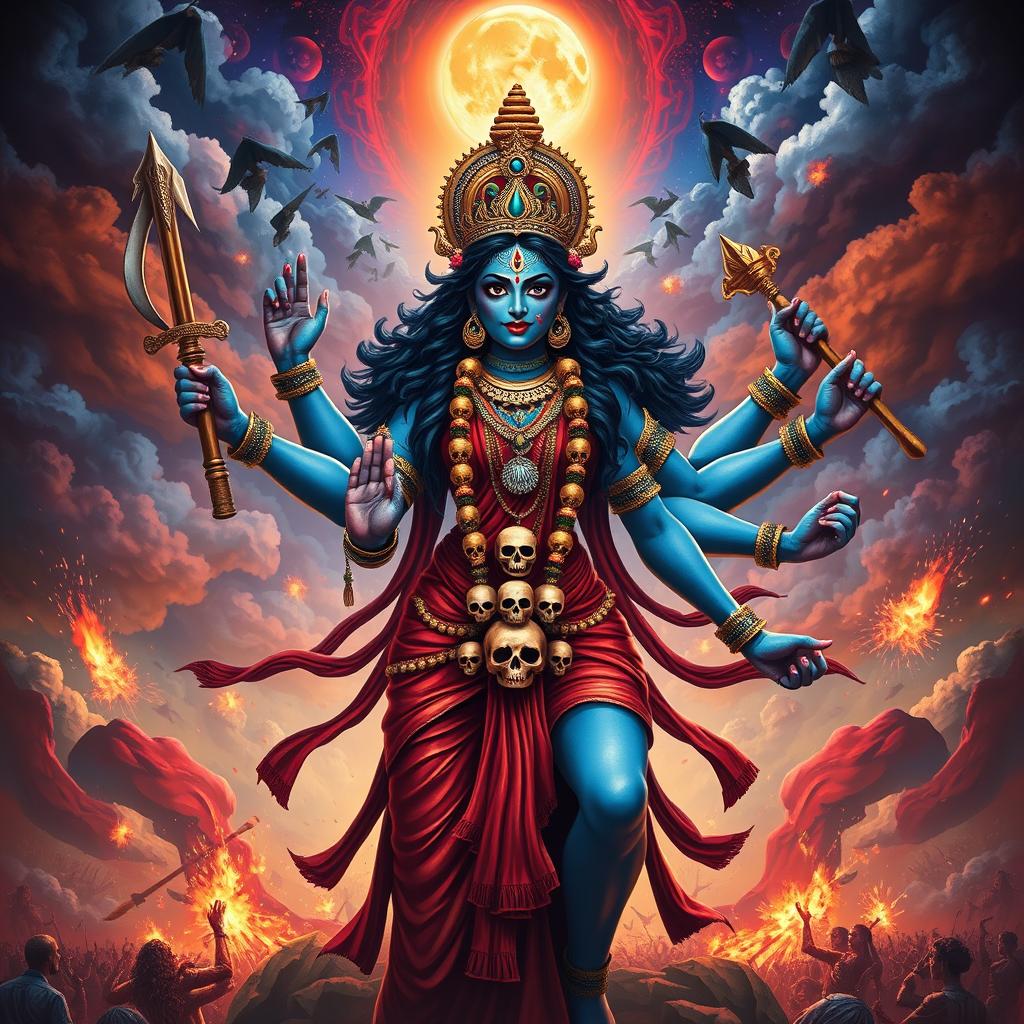 A majestic depiction of Goddess Kali, showcasing her powerful form with four arms, each holding various symbolic weapons and items