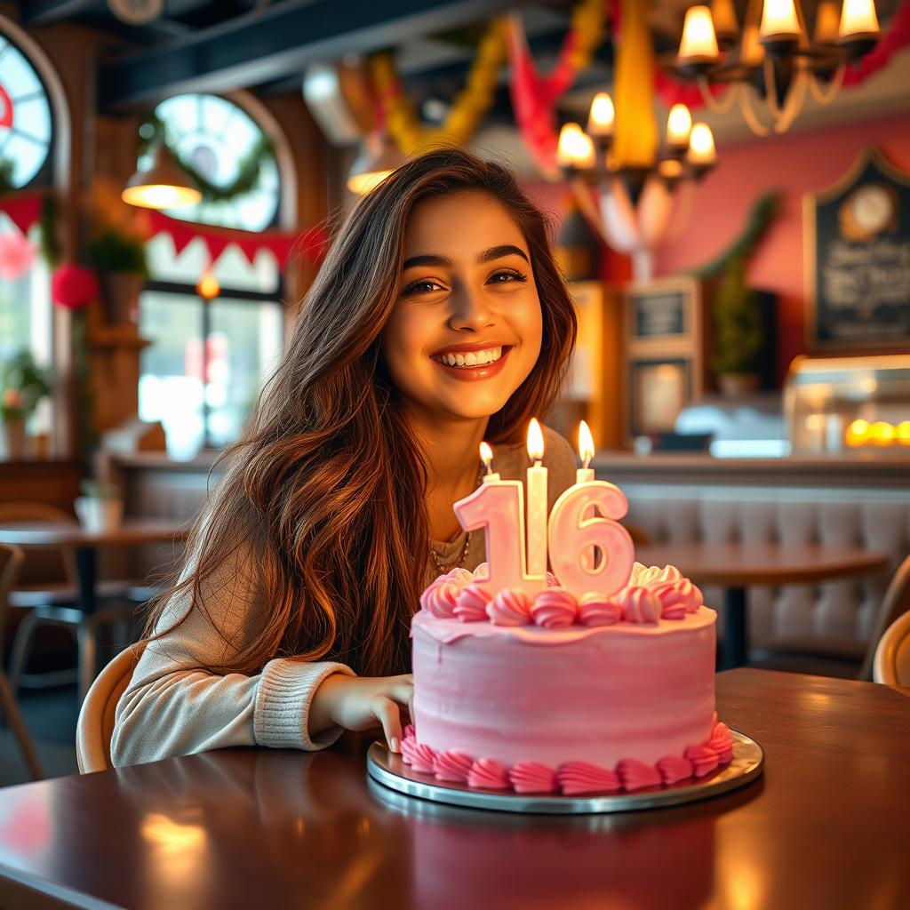 A joyful young woman in a lovely cafe, sitting at a table with a delightful pink cake that symbolizes her 16th birthday