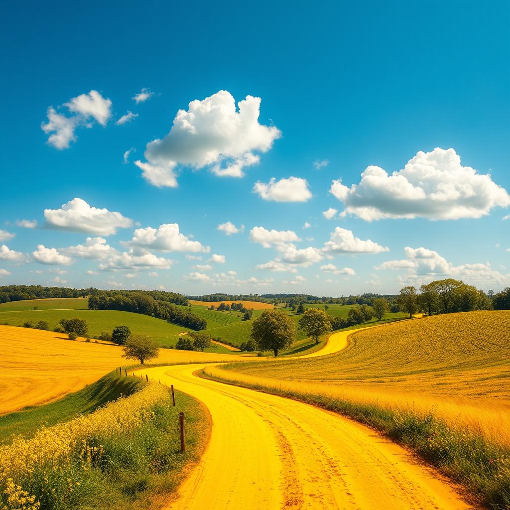 A beautiful scenic view of a vibrant yellow road winding through a picturesque landscape