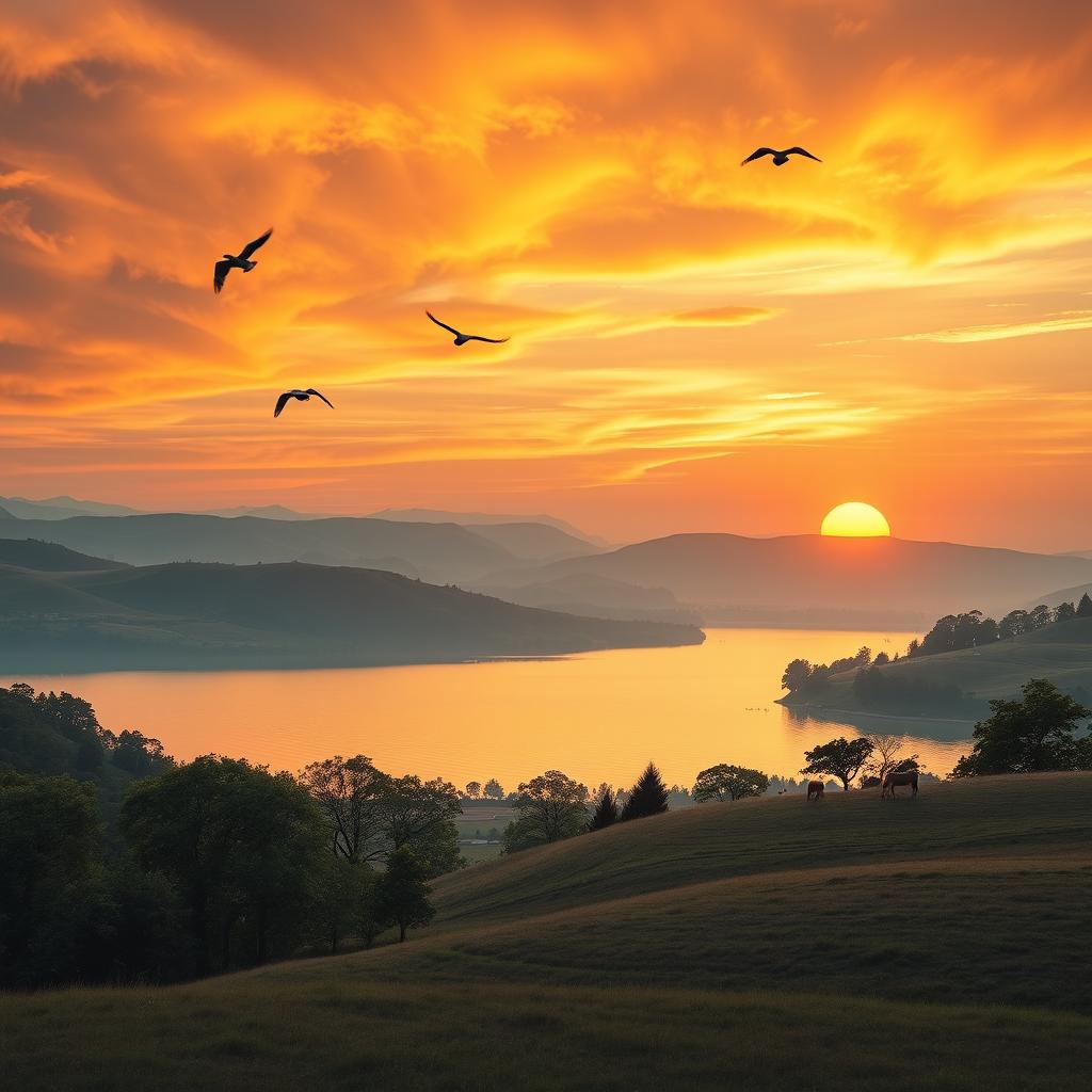 A beautifully composed image in stunning 8K resolution, capturing a serene landscape featuring rolling hills, a vibrant sunset casting warm hues across the sky, and a tranquil lake reflecting the colorful sky