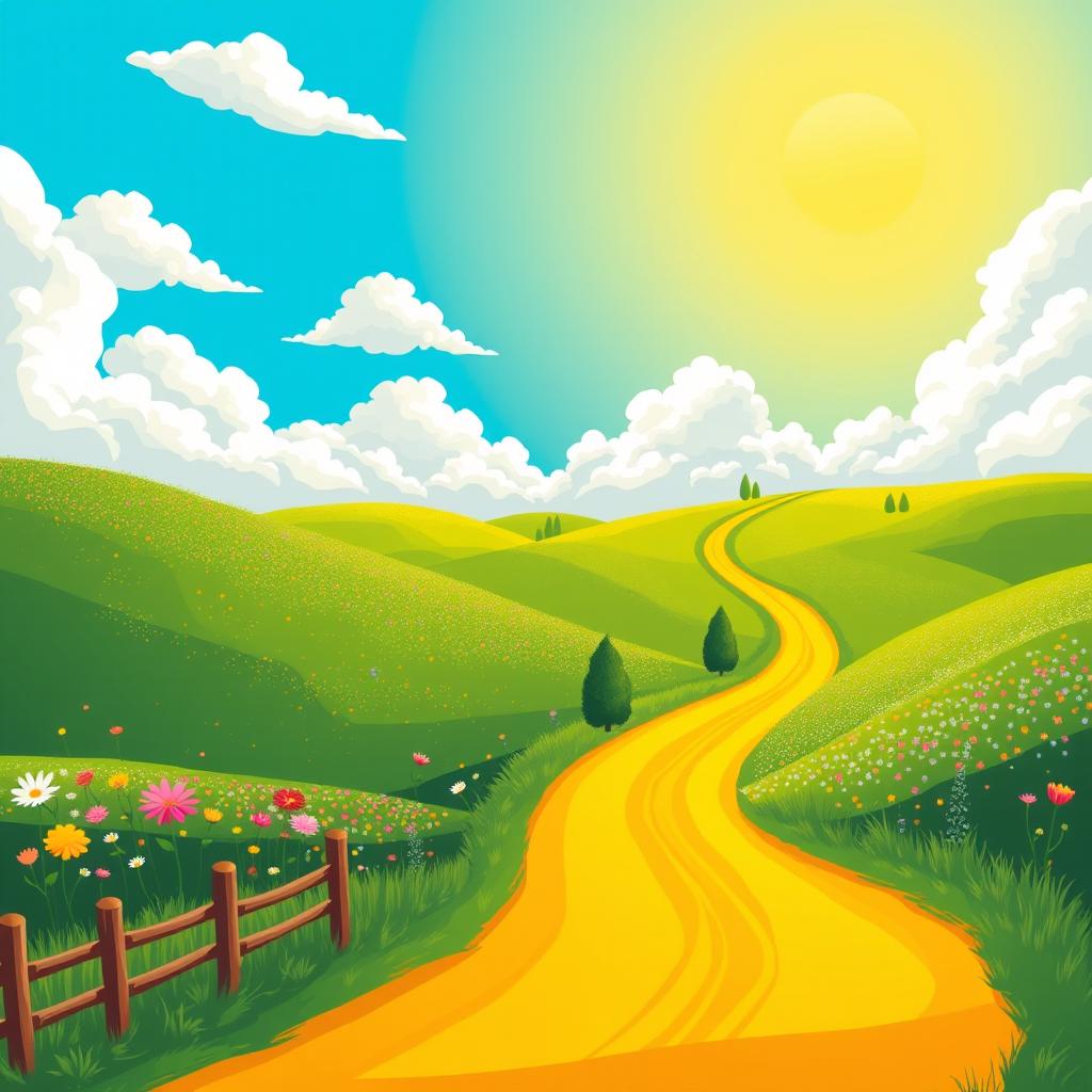 A vibrant and colorful digital illustration featuring a yellow road winding through a lush green landscape