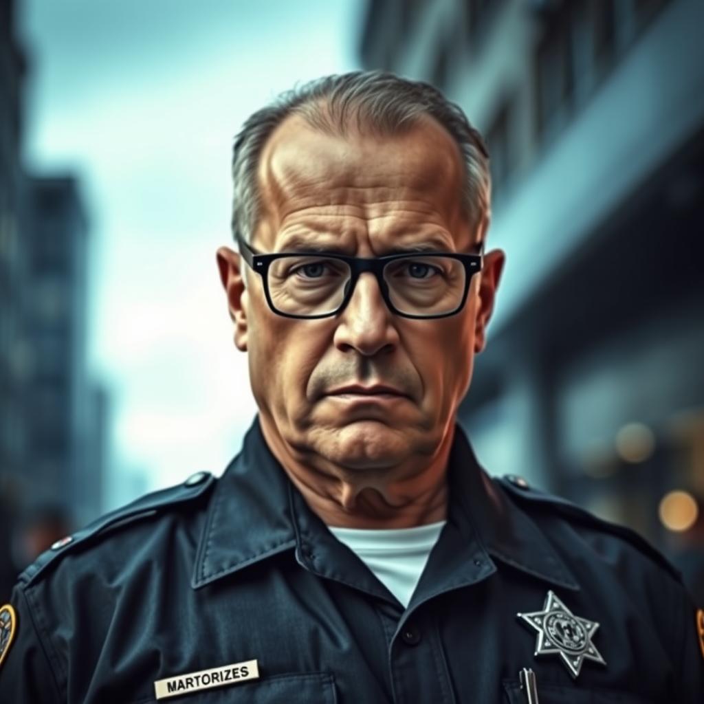 A middle-aged man, semi-bald with a prominent eagle-like nose, wearing police-issued glasses