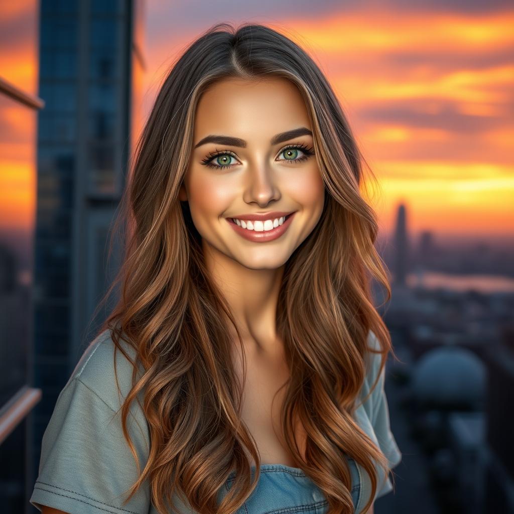 A hyper-realistic portrait of a beautiful young woman with captivating green eyes and long wavy brown hair