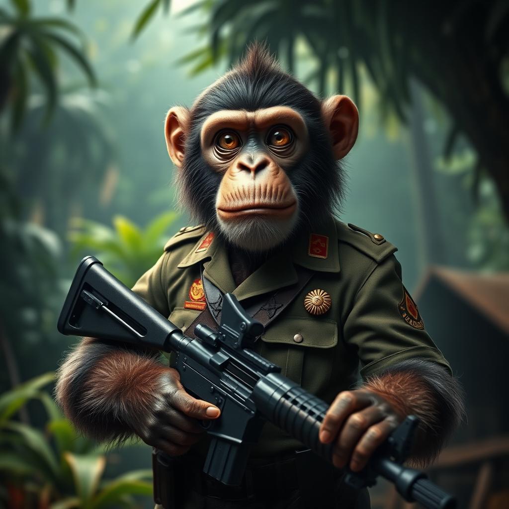 A commanding monkey holding a rifle, showcasing an authoritative stance
