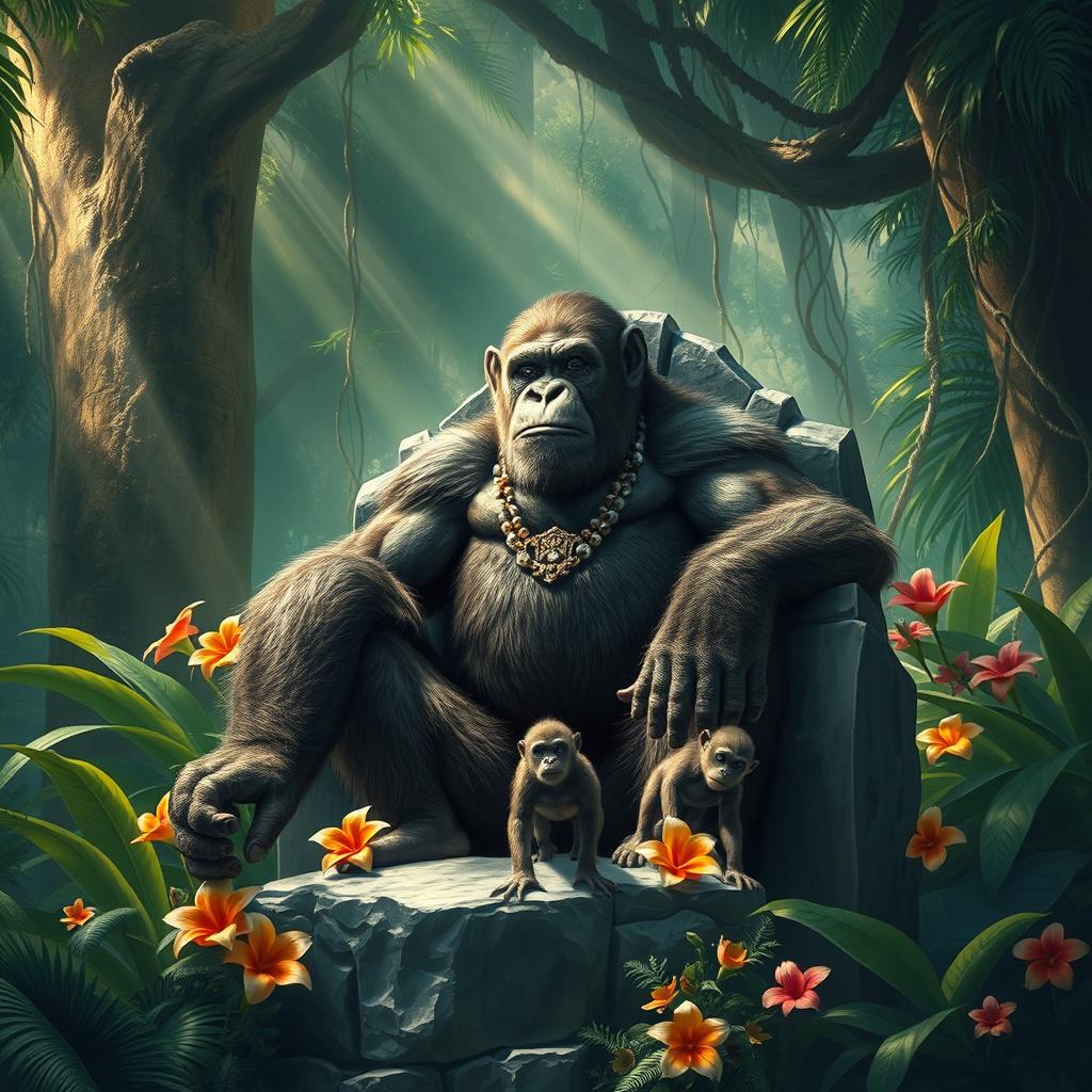 A majestic scene depicting the King of the Apes, a powerful and wise primate seated on a rocky throne deep within a lush jungle