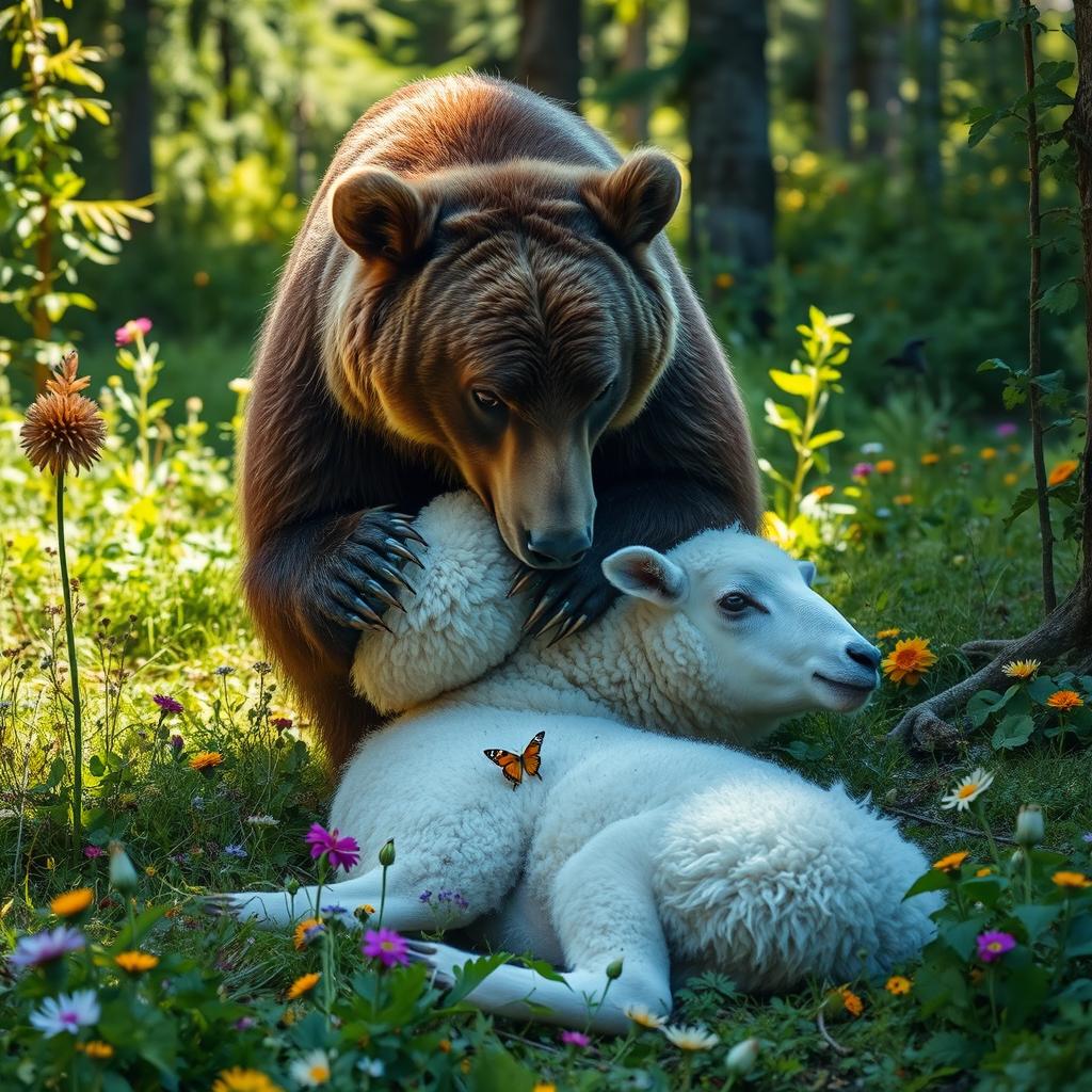 A bear in a lush, green forest, actively eating a sheep, showcasing the natural predator-prey relationship