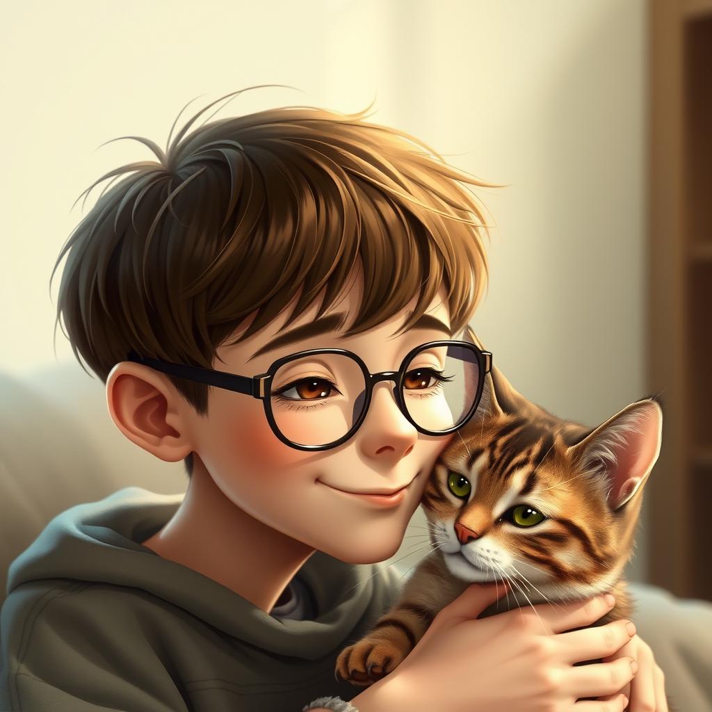 A slim young boy with short brown hair and light skin, wearing glasses and having a charming dimple on his cheek, adoring a cat