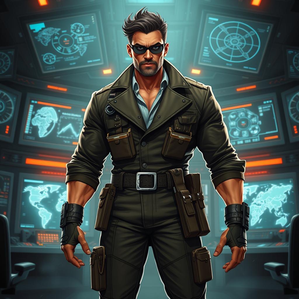 A powerful and commanding figure, dressed in a stylish, military-inspired outfit, showcasing a mix of high-tech gadgets and vintage charisma