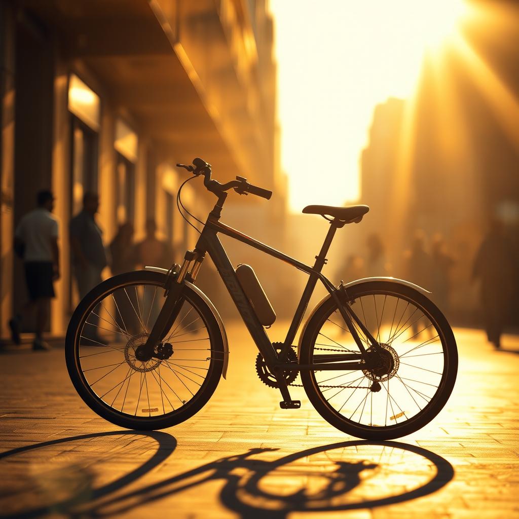A high-quality image of a sleek, modern bicycle positioned prominently in the foreground, with warm sun rays casting a golden glow on the bike, highlighting its features and creating an inviting atmosphere