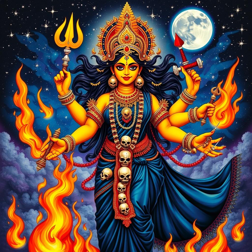 An intricate and vibrant depiction of the Hindu goddess Mahakali, showcasing her fierce yet protective nature
