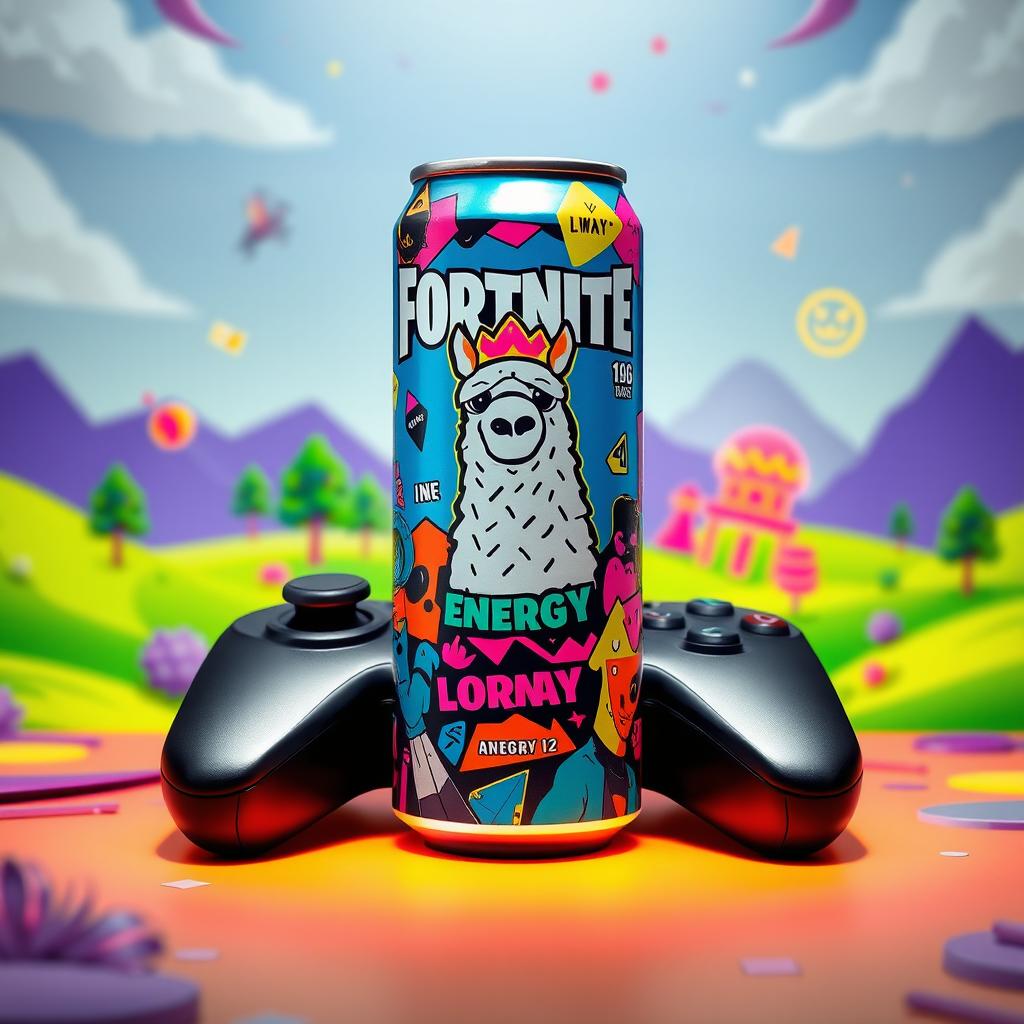 A vibrant and eye-catching energy drink can designed with a Fortnite theme
