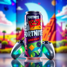 A vibrant and eye-catching energy drink can designed with a Fortnite theme