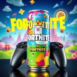 A vibrant and eye-catching energy drink can designed with a Fortnite theme
