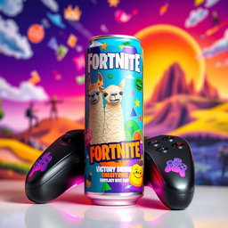 A vibrant and eye-catching energy drink can designed with a Fortnite theme