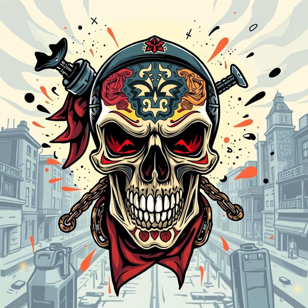 A striking illustration of a detailed gang skull, adorned with intricate tattoos and graffiti-inspired art