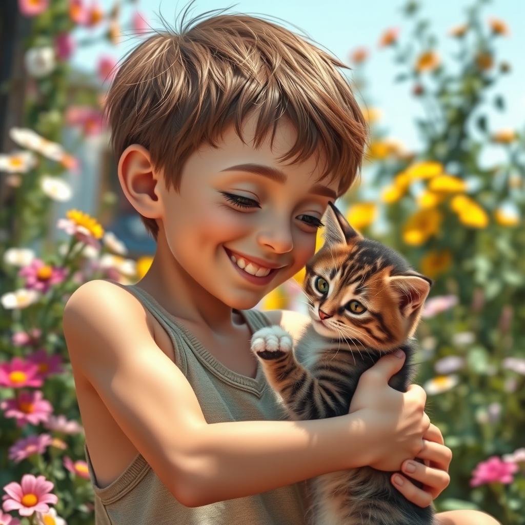 An image of a slender boy with short brown hair, a fair complexion, and prominent veins on his arms, expressing his love for cats