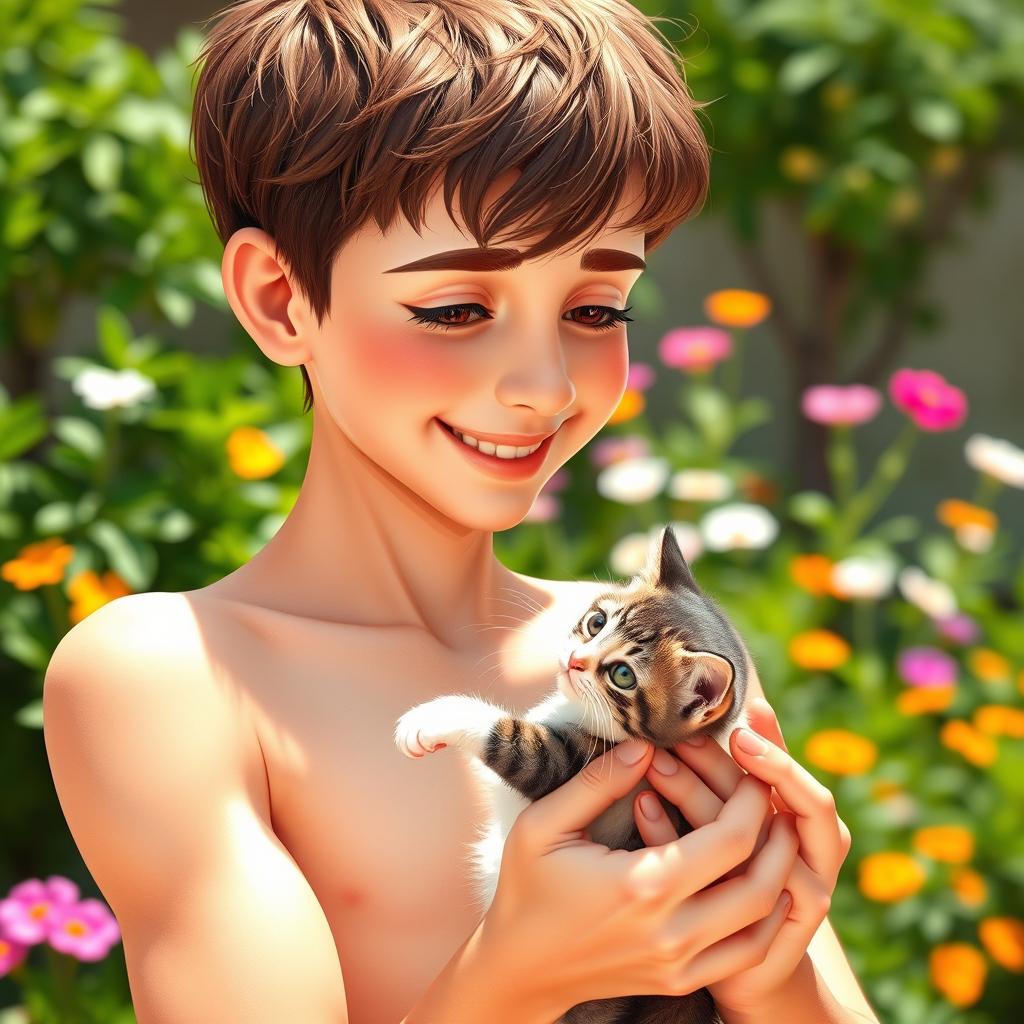 An image of a slender 22-year-old boy with short brown hair, a fair complexion, and prominent veins on his arms, showcasing his love for cats