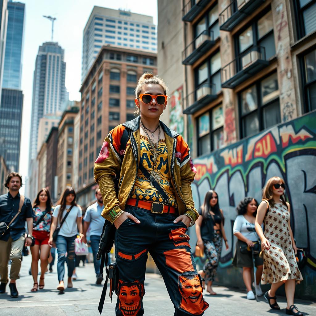 A vibrant street style scene capturing a fashionable urban environment
