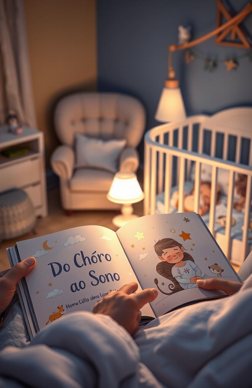 A serene and cozy nighttime scene featuring a beautifully illustrated children's book titled 'Do Choro ao Sono' resting open on a softly lit bedside table, with fluffy clouds and stars adorning the pages