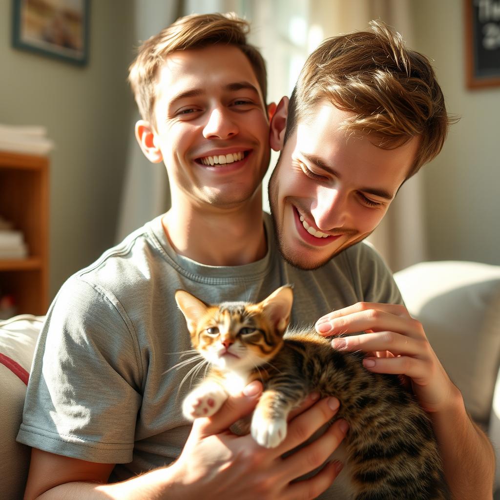 A slim young man, about 22 years old, with short brown hair and fair skin, is joyfully interacting with a cute cat