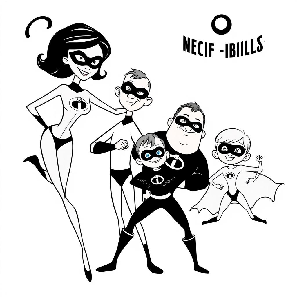 An outline style illustration of characters inspired by The Incredibles