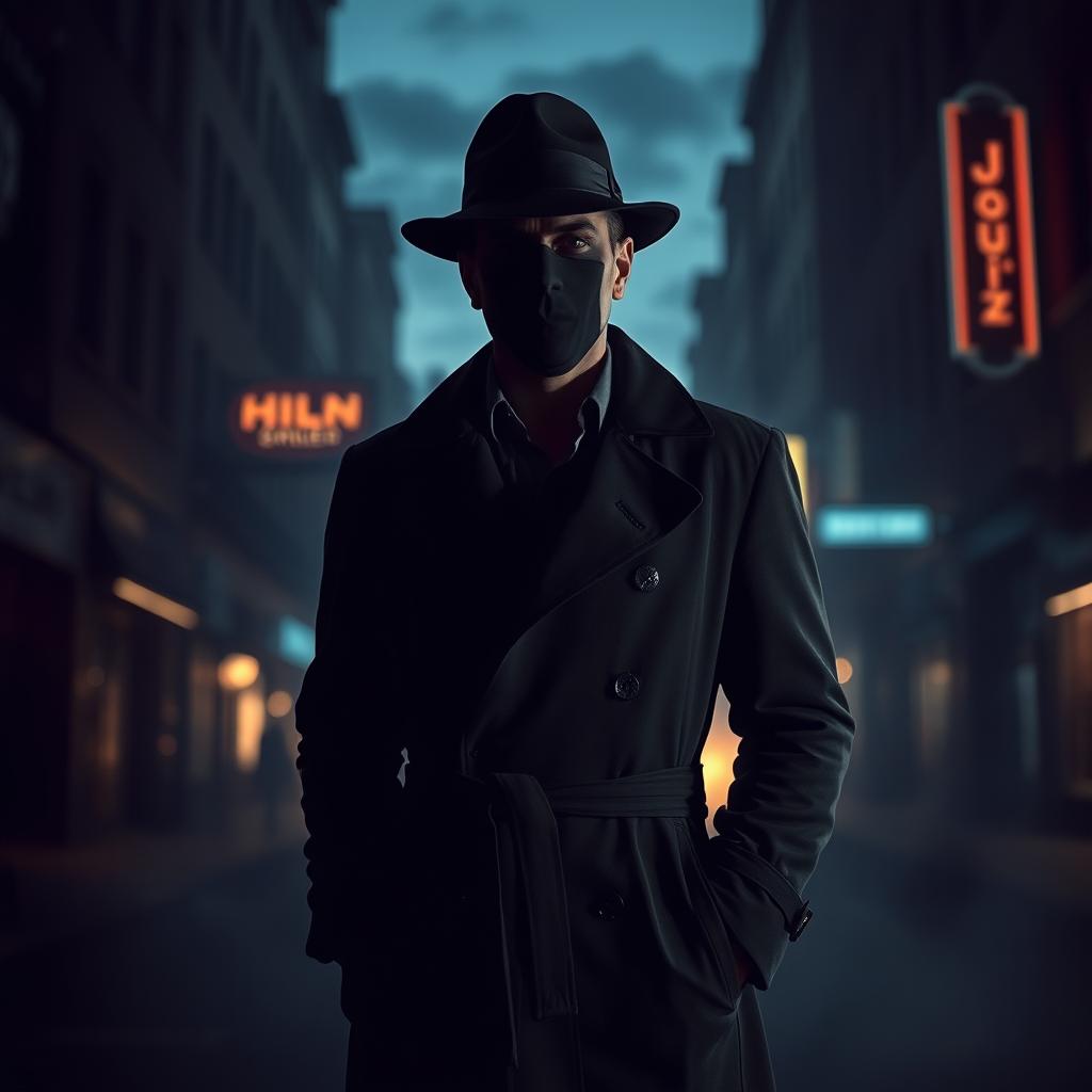 A faceless man standing in a mysterious urban environment at dusk, wearing a stylish dark trench coat and a fedora hat, with shadows casting dramatic shapes around him