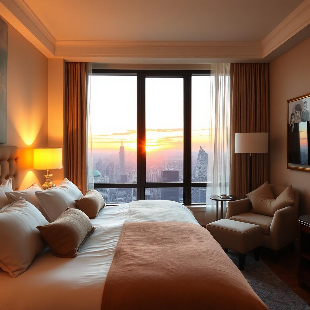 An intimate hotel room featuring a cozy bed with plush pillows and soft blankets, elegant lighting from bedside lamps casting a warm glow, a stylish minibar stocked with drinks, a plush armchair situated near a large window revealing a breathtaking city skyline view at sunset, delicate curtains flowing gently with a light breeze, and tasteful artwork adorning the walls, creating an inviting and romantic atmosphere