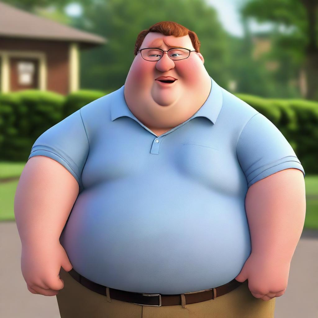 A realistic human interpretation of the character Peter Griffin from Family Guy, while preserving his distinctive features