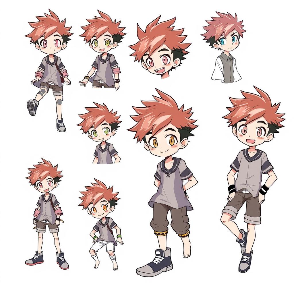 A series of sketches featuring an anime-style boy in various poses, medium to short shots