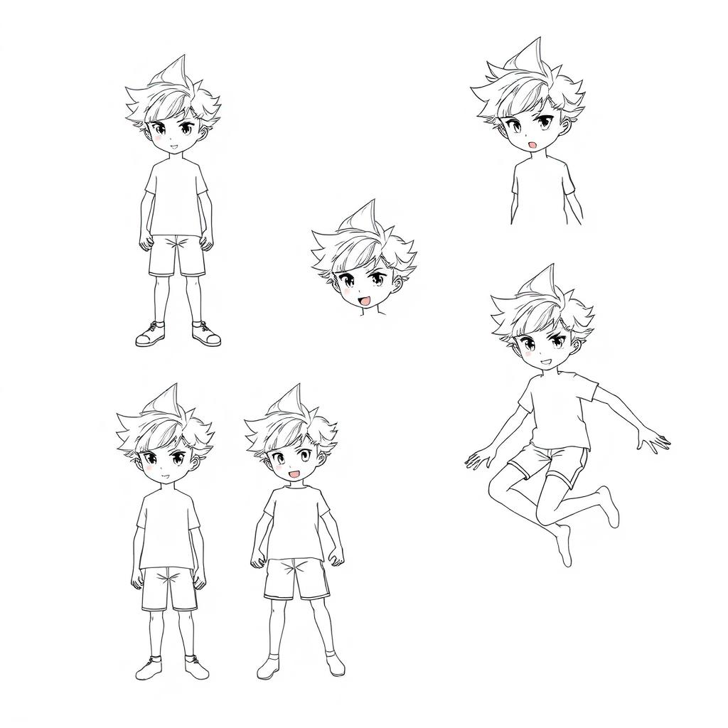 A collection of blank sketches designed for drawing an anime-style boy in various poses, presented in medium to short shots