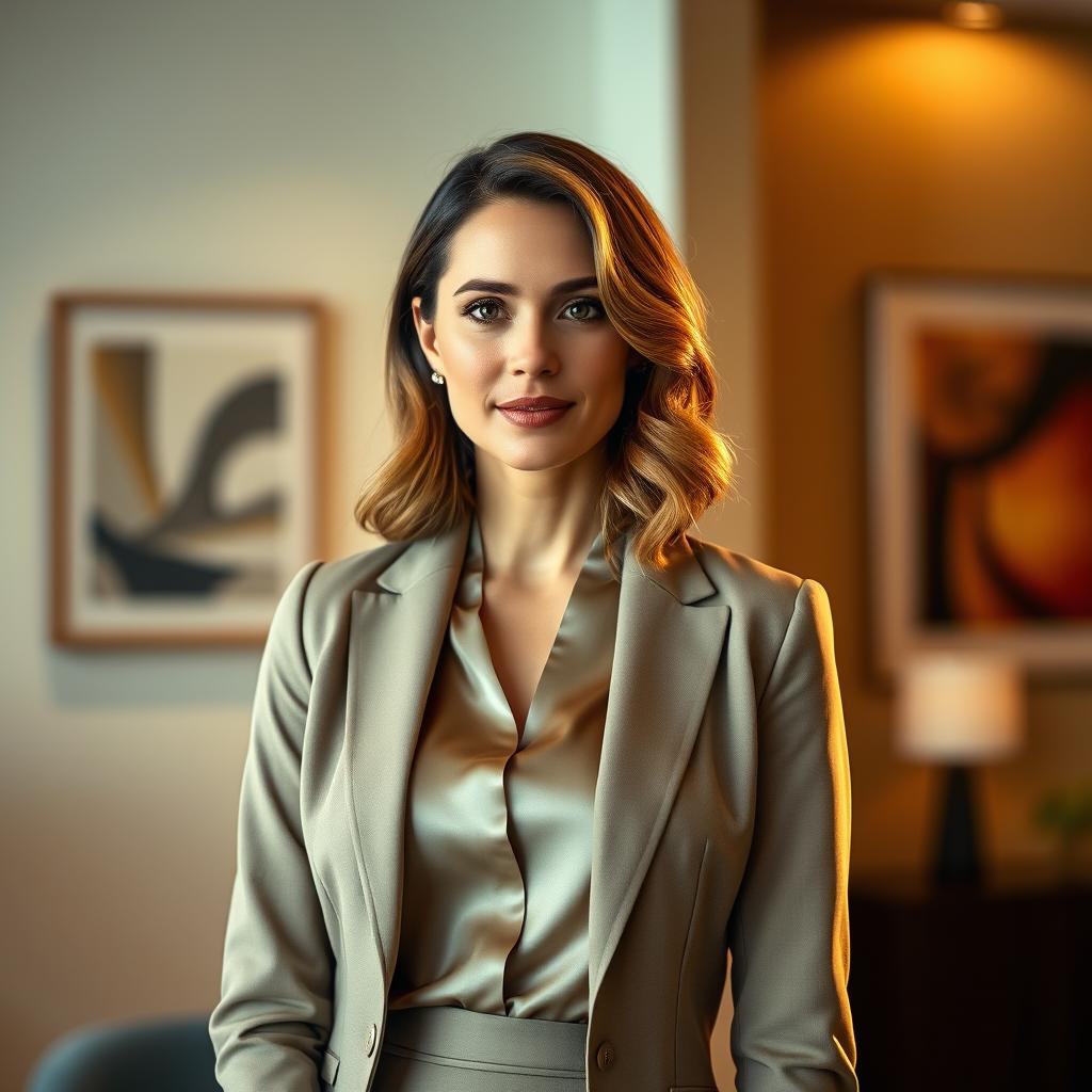 A formal portrait of an elegant woman in a sophisticated outfit, wearing a tailored blazer, a silk blouse, and a classy pencil skirt