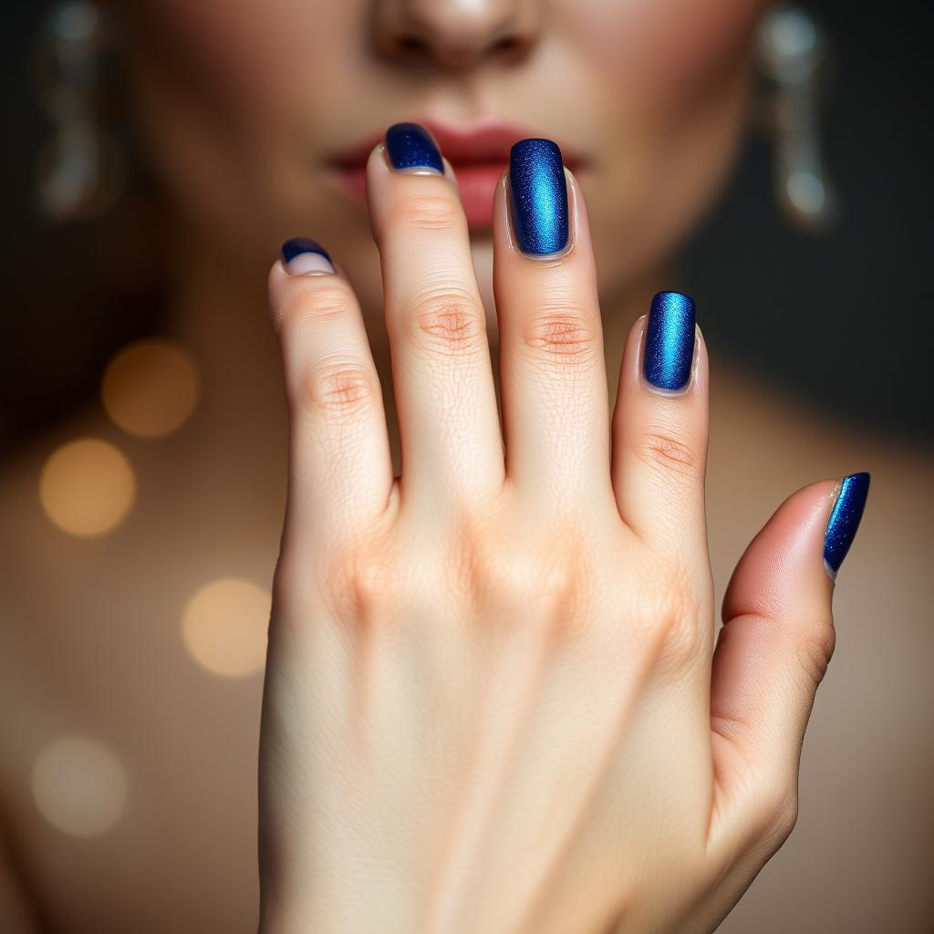 A close-up of a woman's hand elegantly positioned with intricate nail art, featuring a stunning gradient of deep blue extending beautifully behind the fingers, showcasing a luminous shimmer