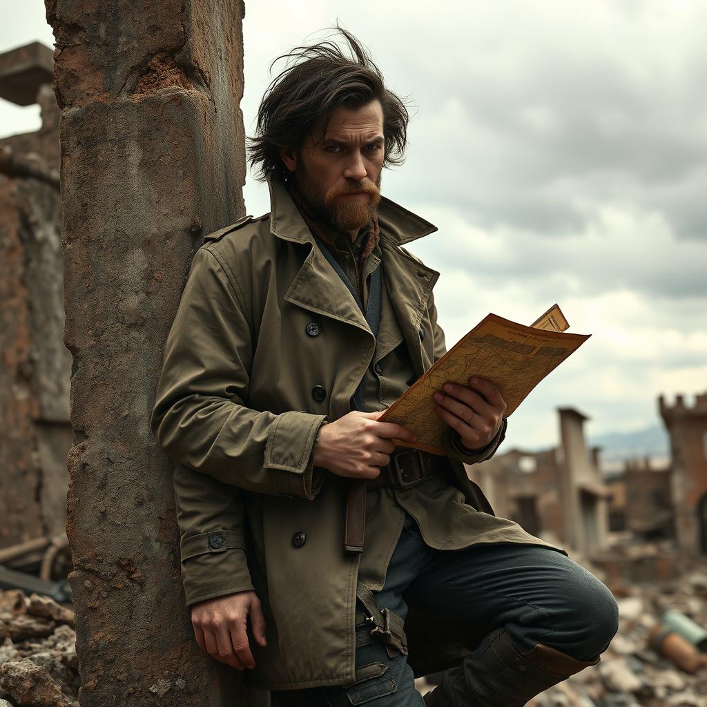 A post-apocalyptic scene featuring a suspicious French man