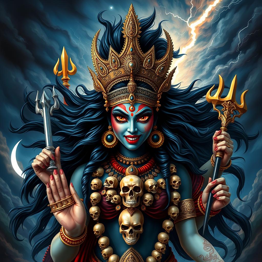 A powerful and majestic representation of Goddess Kali, adorned with intricate jewelry and a striking necklace of skulls