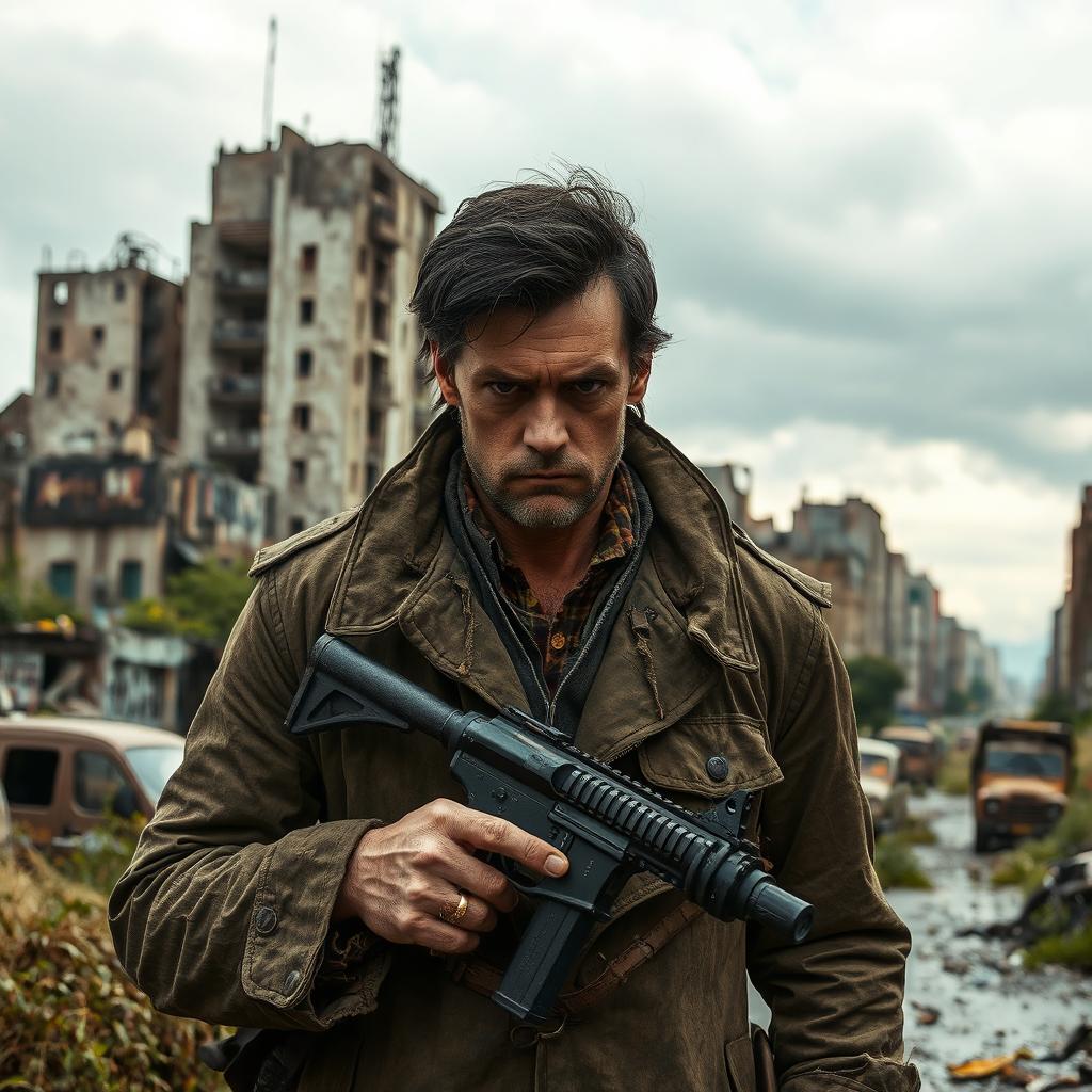 A post-apocalyptic scene featuring a suspicious French man, dressed in rugged, weathered clothing, standing in a desolate urban environment